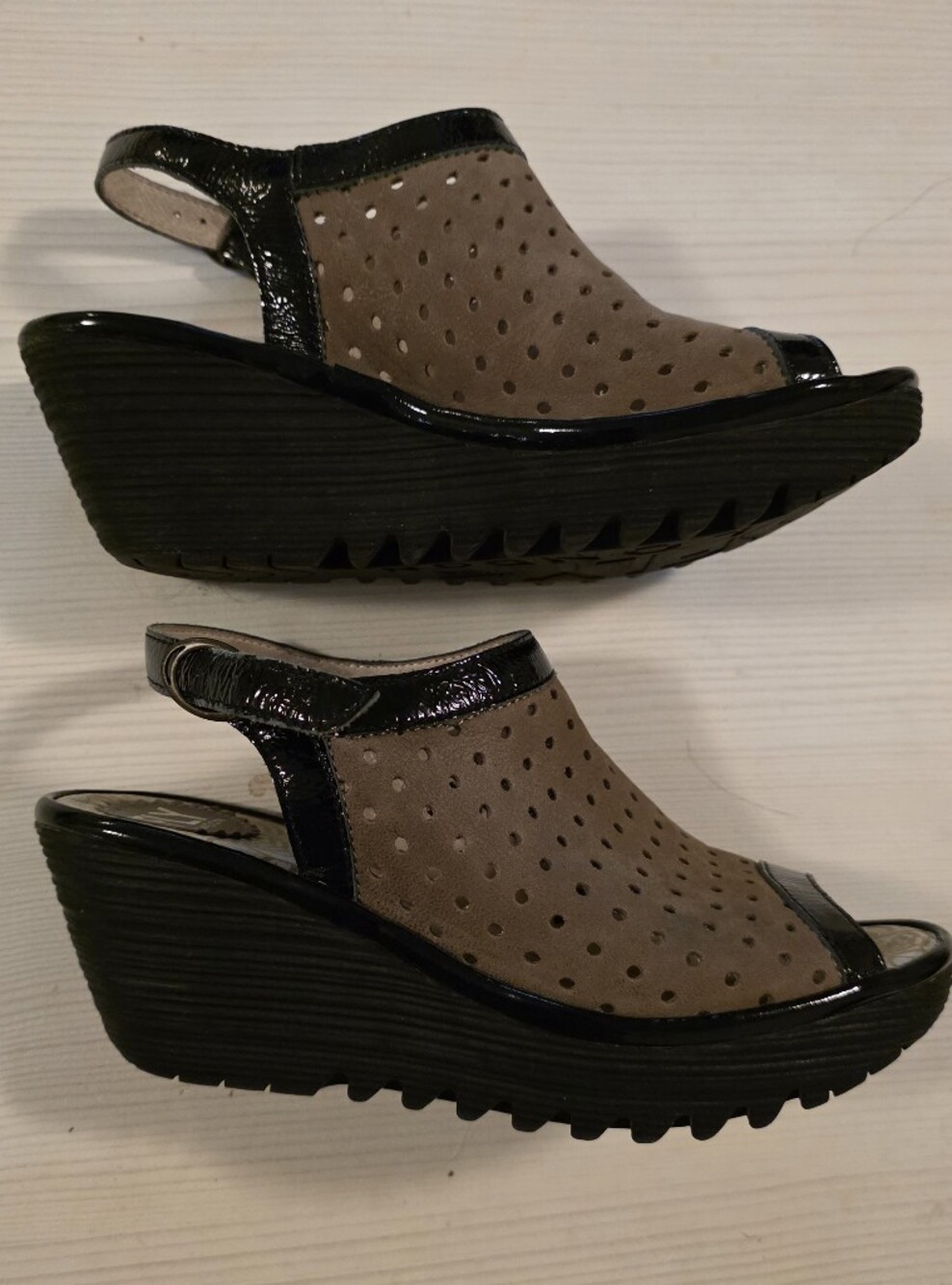 Fly London Taupe Perforated Wedge Sandals with Black Patent Trim Size EU 37